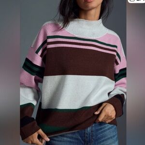 Anthropologie Maeve The Carys Mock Neck Striped Sweater Pink Brown Sz Small NEW